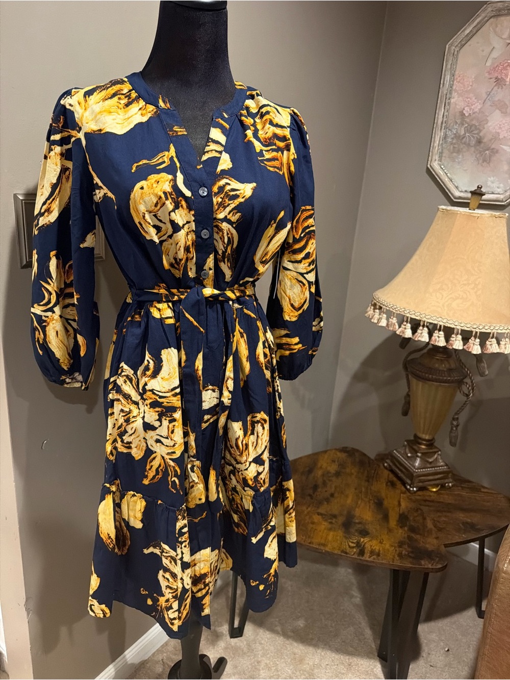 Time and Tru Navy Midi Dress with Yellow Floral Print and Tie Belt